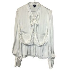 Bardot Tie Neck Ruched Waist Button Loop Long Sleeve Blouse Ivory Large